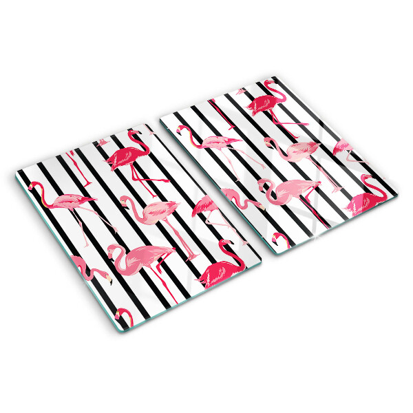Glas-Schneidebrett mit Flamingos auf gestreiftem Hintergrund