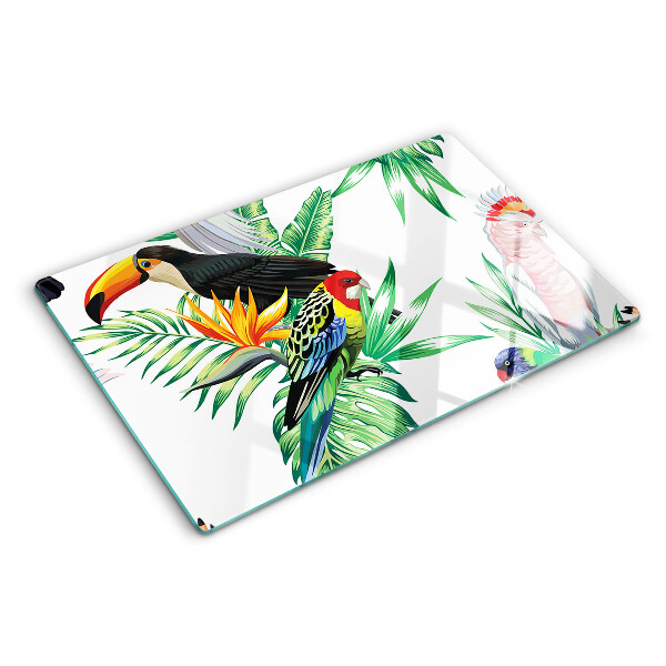Schneidebrett mit Motiv tropischer Vögel und Blätter