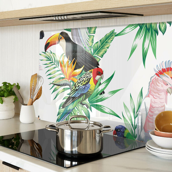 Schneidebrett mit Motiv tropischer Vögel und Blätter