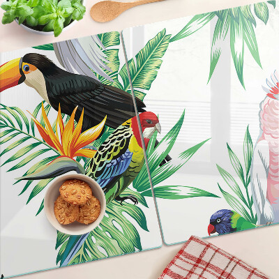 Schneidebrett mit Motiv tropischer Vögel und Blätter