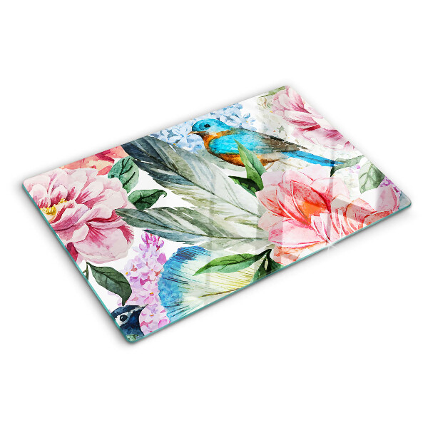 Glas schneidebrett Blumen und Vögel in Aquarell