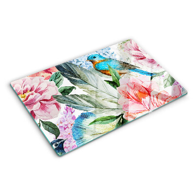 Glas-Schneidebrett mit Aquarell-Motiv aus Blumen und Vögeln