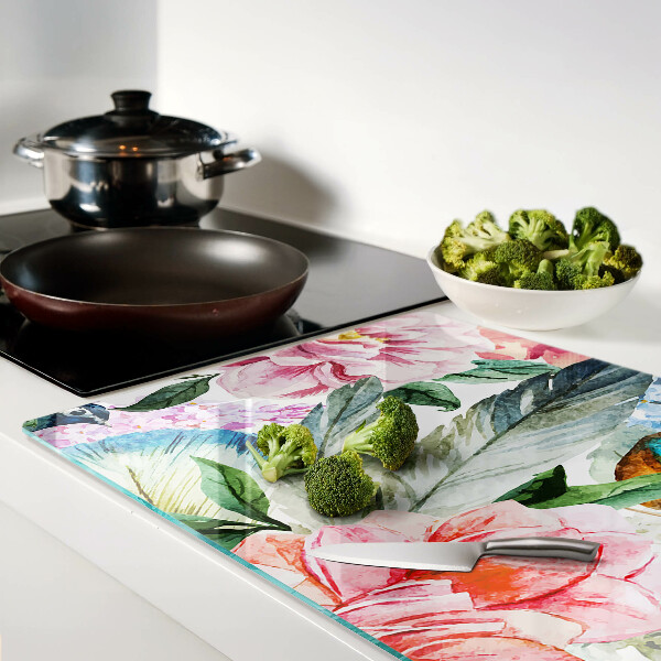 Glas-Schneidebrett mit Aquarell-Motiv aus Blumen und Vögeln