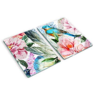 Glas-Schneidebrett mit Aquarell-Motiv aus Blumen und Vögeln