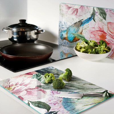Glas-Schneidebrett mit Aquarell-Motiv aus Blumen und Vögeln