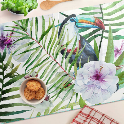 Glas-Schneidebrett mit tropischem Motiv mit Vögeln und Pflanzen