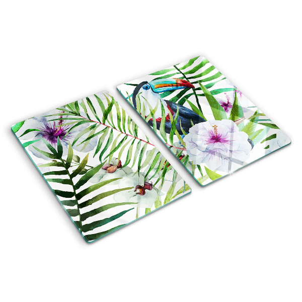 Glas-Schneidebrett mit tropischem Motiv mit Vögeln und Pflanzen