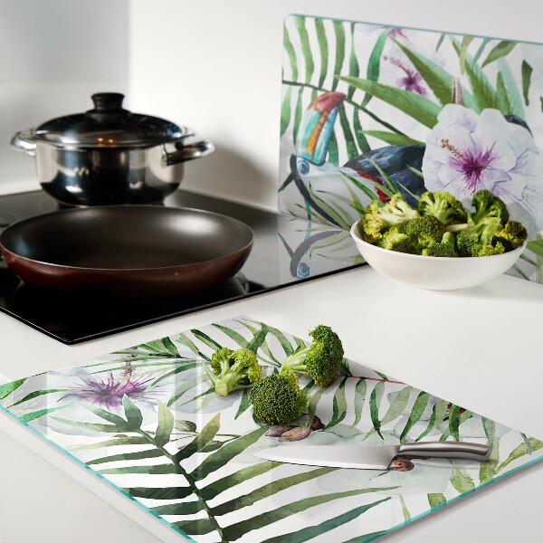 Glas-Schneidebrett mit tropischem Motiv mit Vögeln und Pflanzen