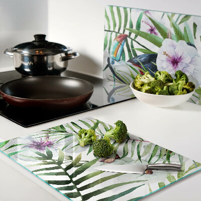 Glas-Schneidebrett mit tropischem Motiv mit Vögeln und Pflanzen