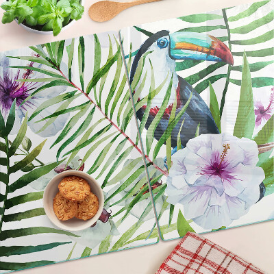 Glas-Schneidebrett mit tropischem Motiv mit Vögeln und Pflanzen