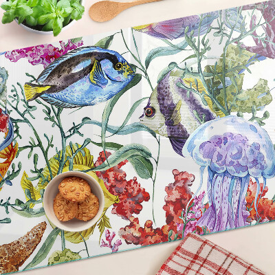 Glas Schneidebrett mit Meeresmotiv mit Fischen und Quallen