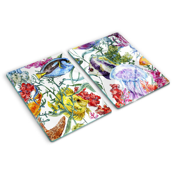 Glas Schneidebrett mit Meeresmotiv mit Fischen und Quallen