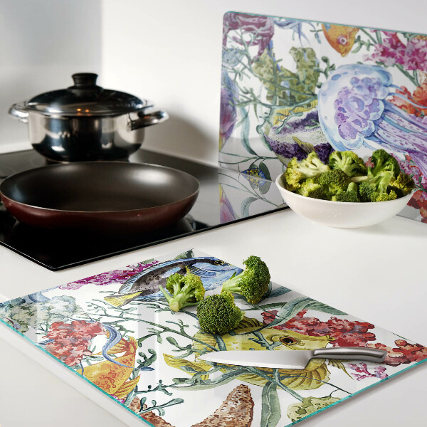 Glas Schneidebrett mit Meeresmotiv mit Fischen und Quallen