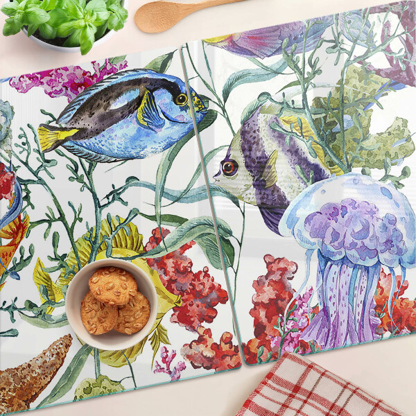 Glas schneidebrett Meeresmotiv mit Fischen und Quallen