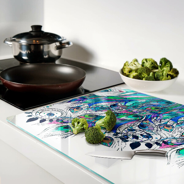 Schneidebrett glas Pfauenfedern in Grün und Blau