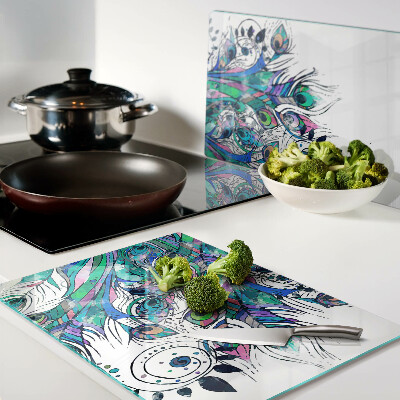 Schneidebrett Glas mit Pfauenfedern in Grün und Blau