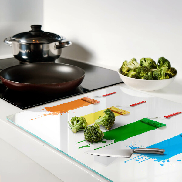 Schneidebrett Glas mit buntem Pinselmotiv in Regenbogenfarben