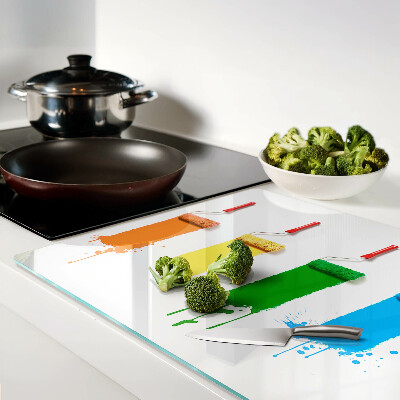 Schneidebrett Glas mit buntem Pinselmotiv in Regenbogenfarben