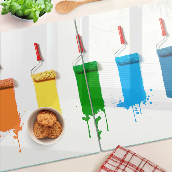 Schneidebrett Glas mit buntem Pinselmotiv in Regenbogenfarben