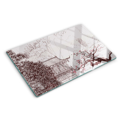 Glas schneidebrett Berglandschaft mit blühenden Bäumen