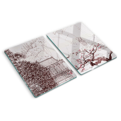 Glas schneidebrett Berglandschaft mit blühenden Bäumen