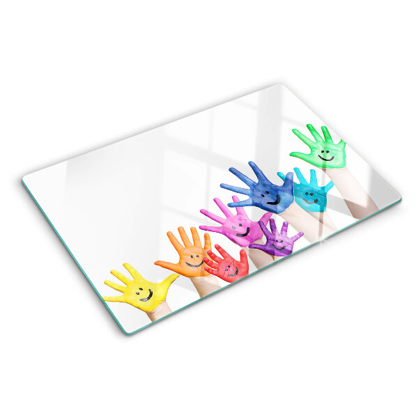 Glas schneidebrett Bunte, lächelnde Hände