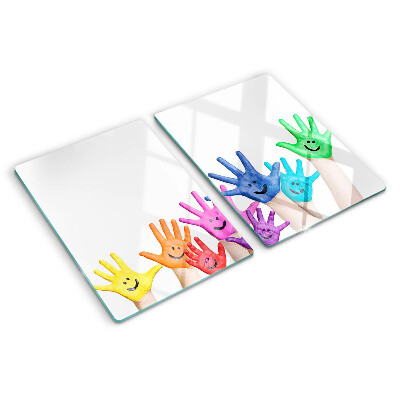 Glas Schneidebrett mit bunten, lächelnden Händen als Motiv