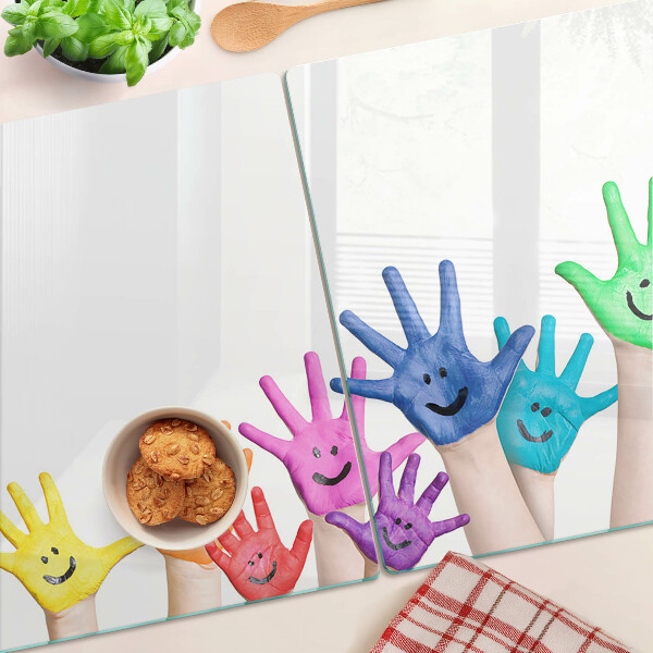 Glas schneidebrett Bunte, lächelnde Hände