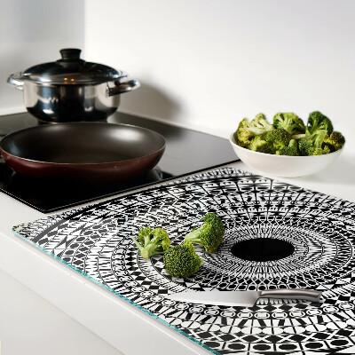 Schneidebrett Glas mit Mandala in Schwarz-Weiß-Tönen