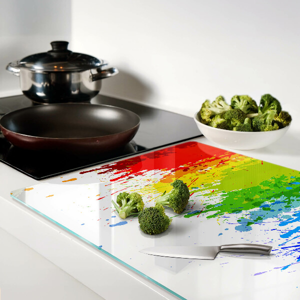 Schneidebrett Glas mit bunten Farbflecken