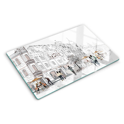 Glas-Schneidebrett mit Cafészenerie aus der Stadt