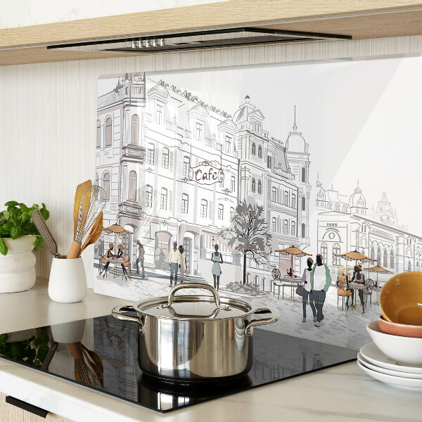 Glas-Schneidebrett mit Cafészenerie aus der Stadt