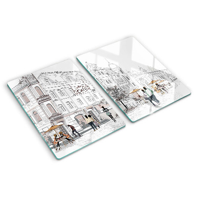 Glas-Schneidebrett mit Cafészenerie aus der Stadt