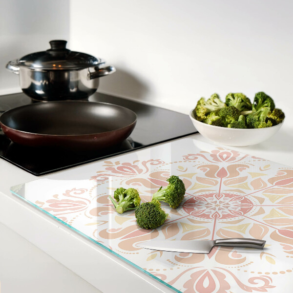 Schneidebrett Glas mit Mandala-Motiv in Rosatönen