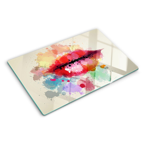 Schneidebrett Glas mit Motiv „Lippen in bunten Flecken“