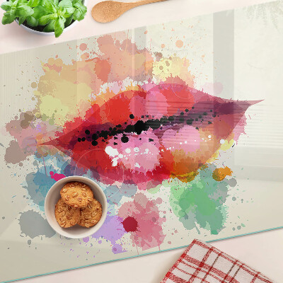 Schneidebrett Glas mit Motiv „Lippen in bunten Flecken“