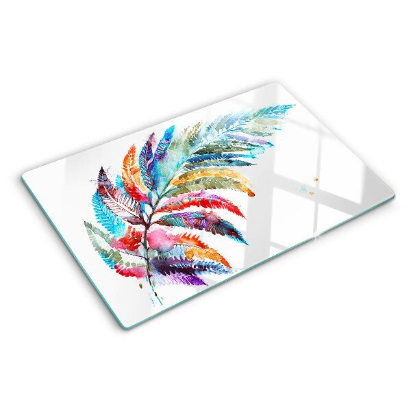 Schneidebrett Glas mit Design aus Farnblättern in Regenbogenfarben