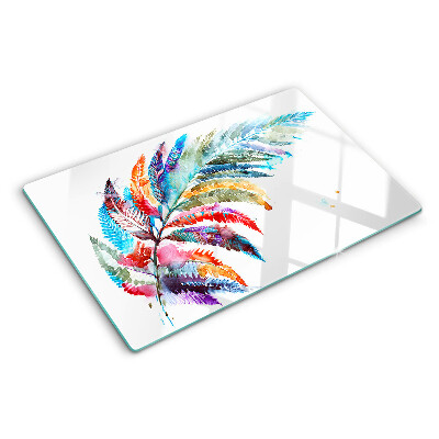 Schneidebrett Glas mit Design aus Farnblättern in Regenbogenfarben