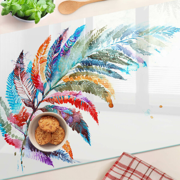 Schneidebrett Glas mit Design aus Farnblättern in Regenbogenfarben