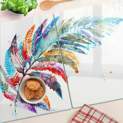 Schneidebrett Glas mit Design aus Farnblättern in Regenbogenfarben