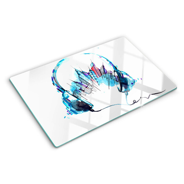 Schneidebrett Kopfhörer mit Stadtpanorama