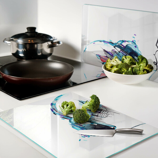 Schneidebrett Kopfhörer mit Stadtpanorama