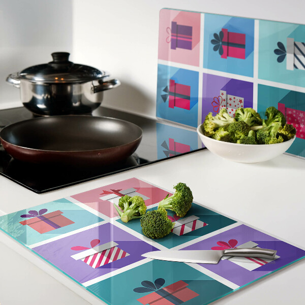 Schneidebrett Glas mit Geschenkaufdrucken in verschiedenen Farben