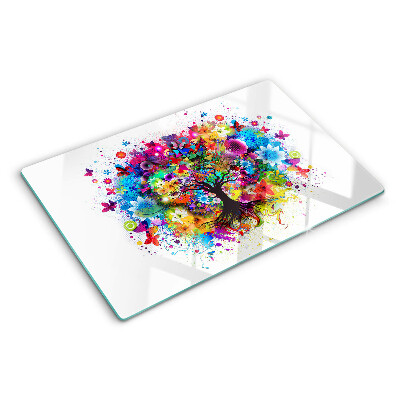 Schneidebrett Glas mit farbenfrohem Baum-des-Lebens-Motiv