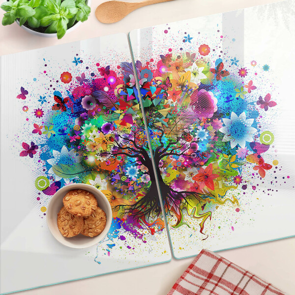 Schneidebrett Glas mit farbenfrohem Baum-des-Lebens-Motiv
