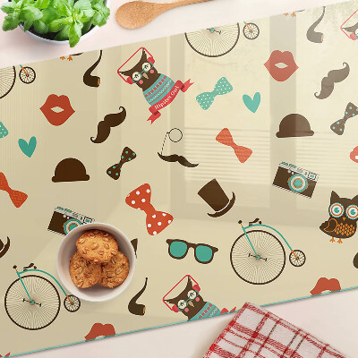 Glas-Schneidebrett mit Motiv von Kätzchen und Retro-Accessoires