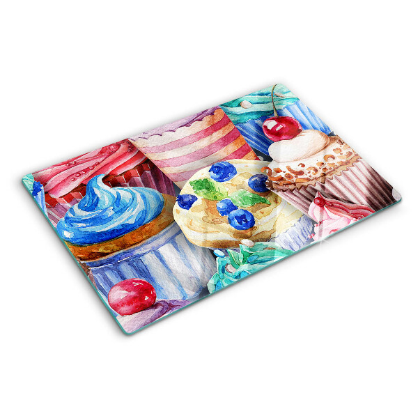 Schneidebrett mit Motiv aus Cupcakes und buntem Gebäck