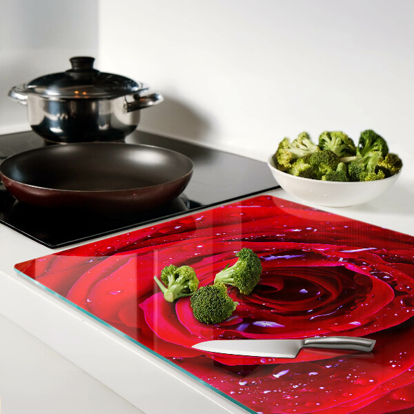 Schneidebrett mit Motiv rote Rose und Wassertropfen