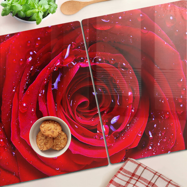 Schneidebrett mit Motiv rote Rose und Wassertropfen