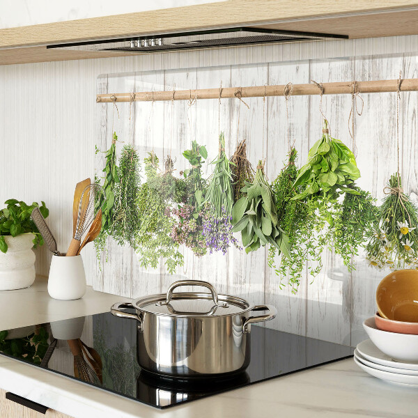 Glas Schneidebrett mit Kräutermotiv auf Holzoptik